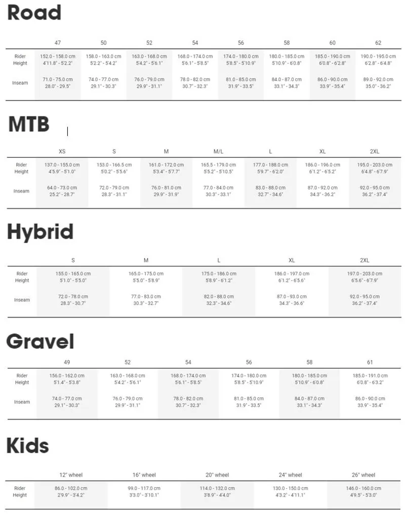 Trek Size Chart